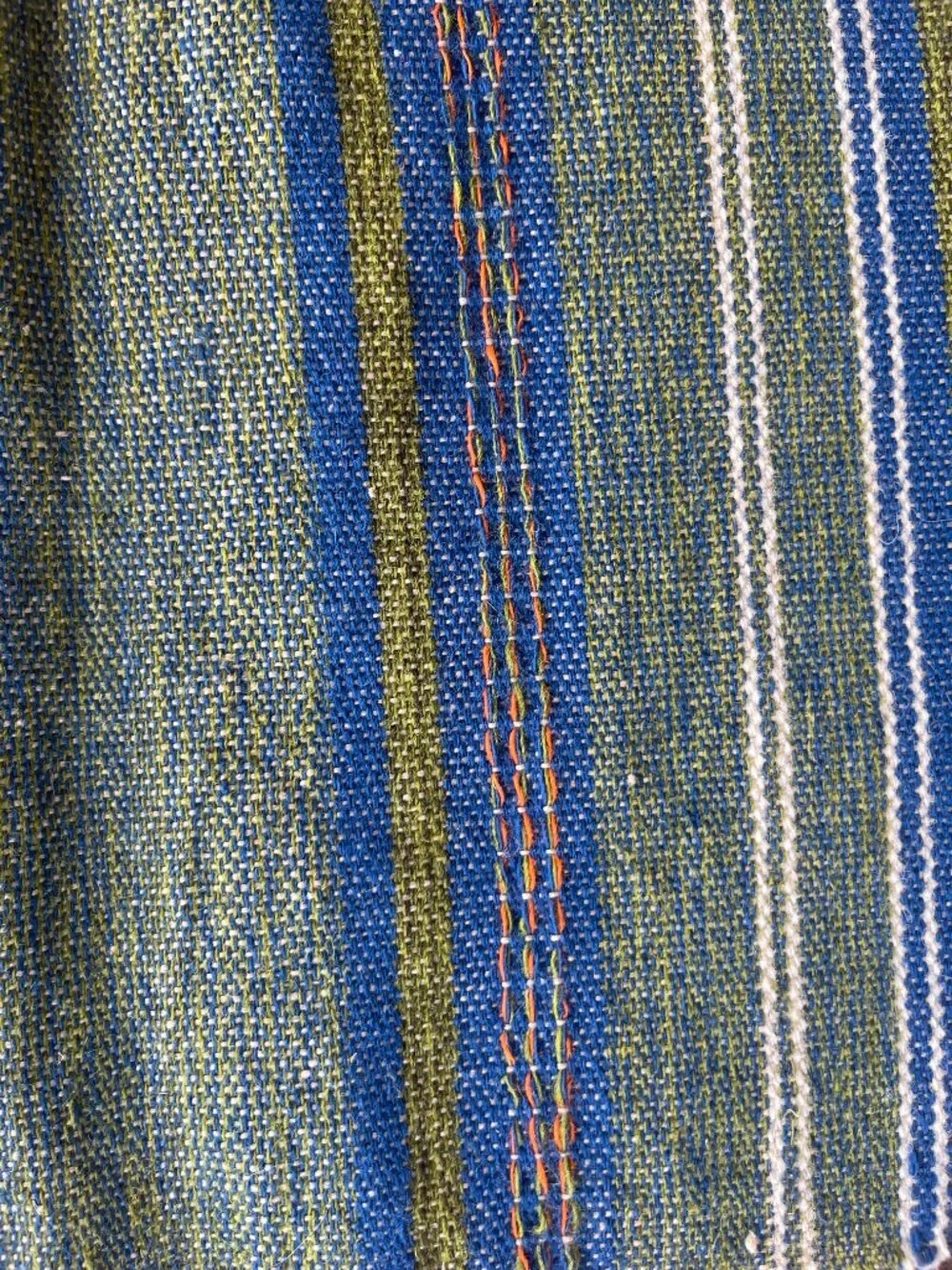 Mid Century Chimayo Rio Grande Green Blue Orange Stripe Wool Weaving